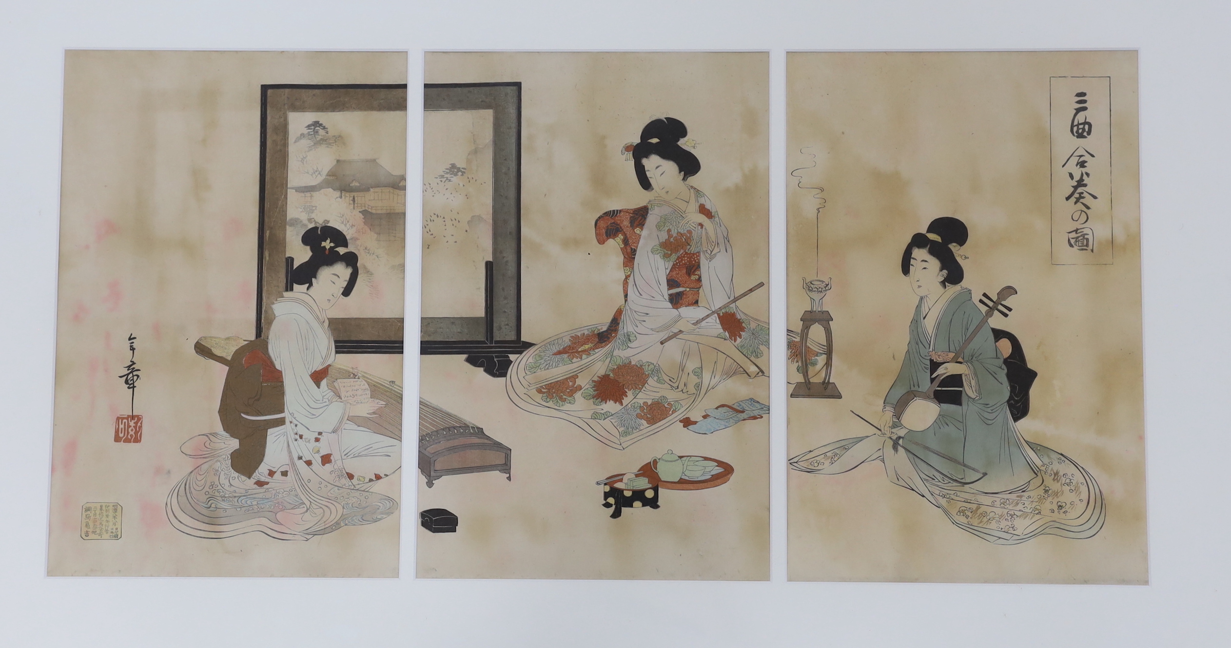 Japanese School, pair of triptych woodblock prints, Females wearing kimonos, 34 x 70cm